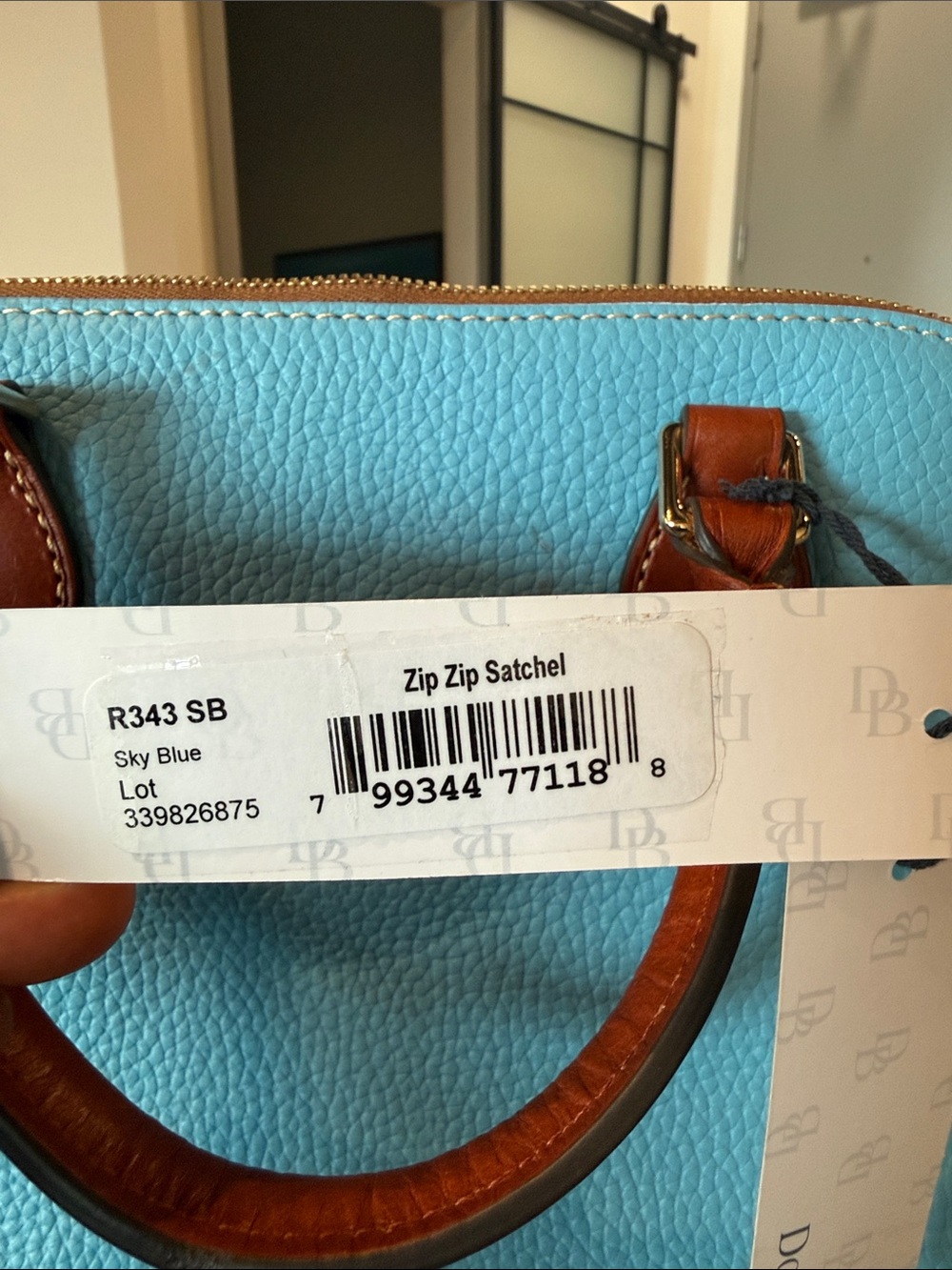 Dooney & Bourke Sky Blue Pebble Leather Satchel with Brown Trim and Handles NWT - Picture 10 of 10